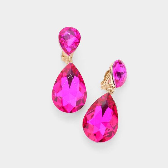 Clip on 2" gold, pink, purple stone double teardrop earrings - Picture 1 of 4